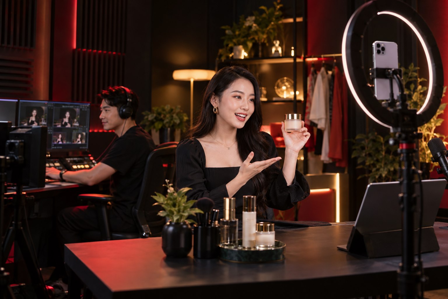 Minh họa AI: một Creator trưởng thành đang livestream trong studio